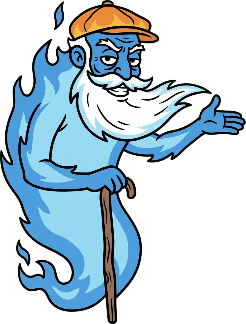 Old Man Gas, a cartoon blue flame ghost in an orange flat cap, presenting an LNG terminal