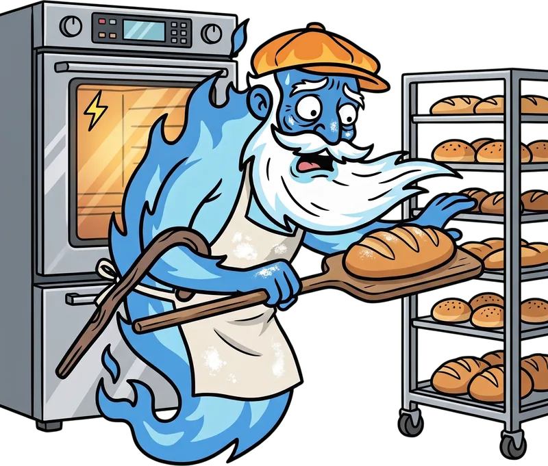 Old Man Gas in a flour-dusted apron in a bakery, cowering from a modern electric oven while clutching a bread peel.