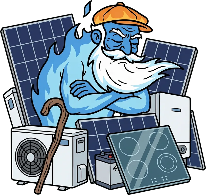 Old Man Gas shrinking to a sad blue pilot light on a suburban lawn while solar panels glint on the roof behind him and a heat pump hums in the window.