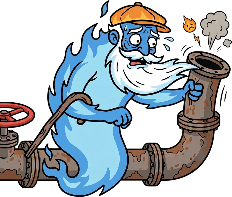 Old Man Gas peering into an enormous empty gas tank with a torch, his flame flickering low, a tumbleweed of paperwork at his feet.