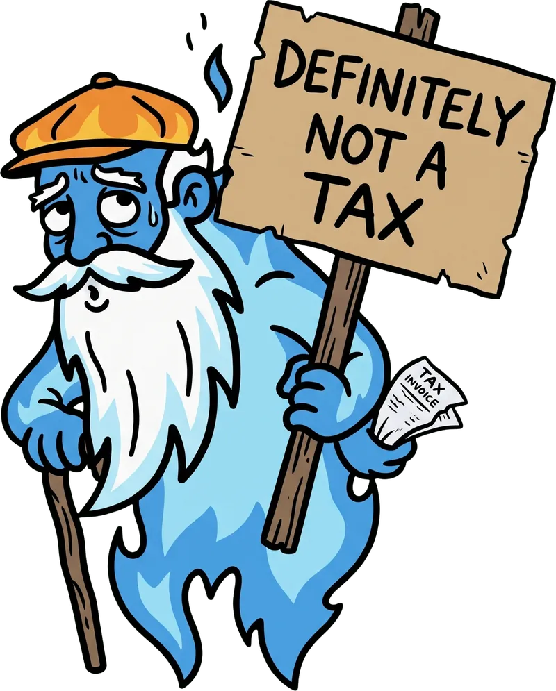 Old Man Gas at a kitchen table quietly slipping his own invoice into a family's power bill envelope while they look the other way.